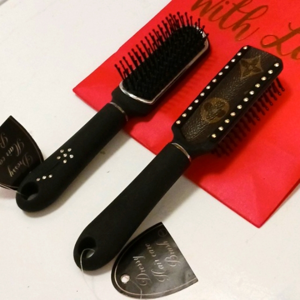 Designer Hair Brush 7" Brown Monogram w Rhinestones &‎ Studded BRAND NEW!!